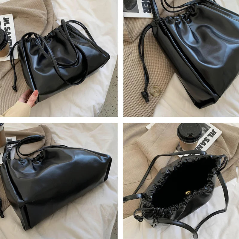 Large Capacity Tote Bag Drawstring Shoulder Handbag Retro Ladies