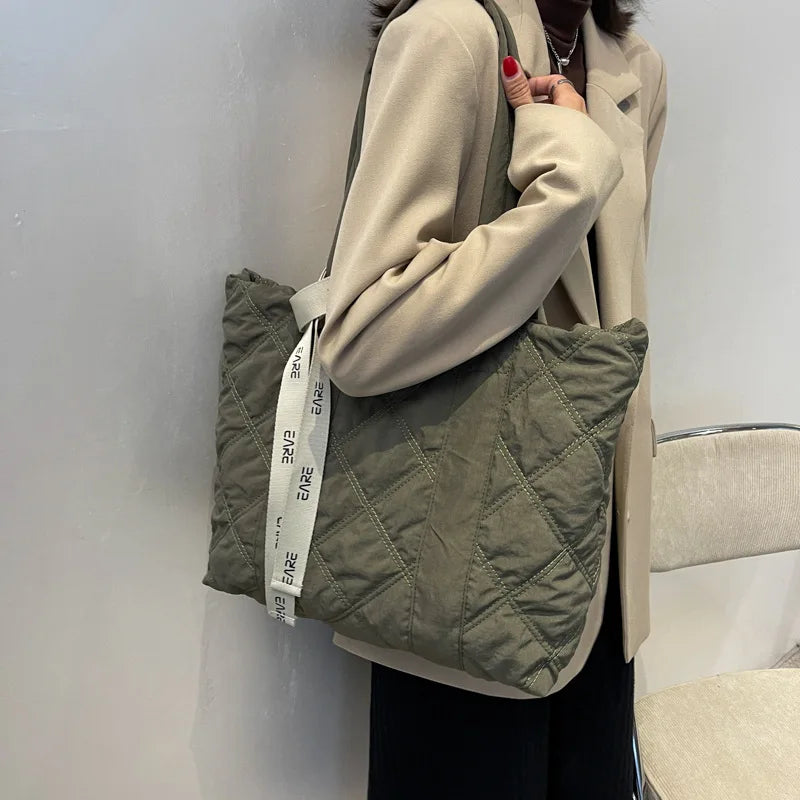 Quilted Shopper Bag Padded Short Handle Totes Big Women Handbags
