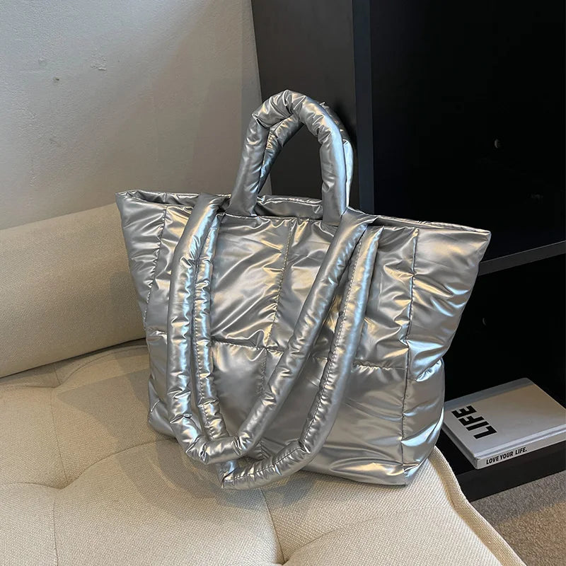 Down Cotton Handbag Large Tote Winter Soft Padded Shoulder Bags For Women