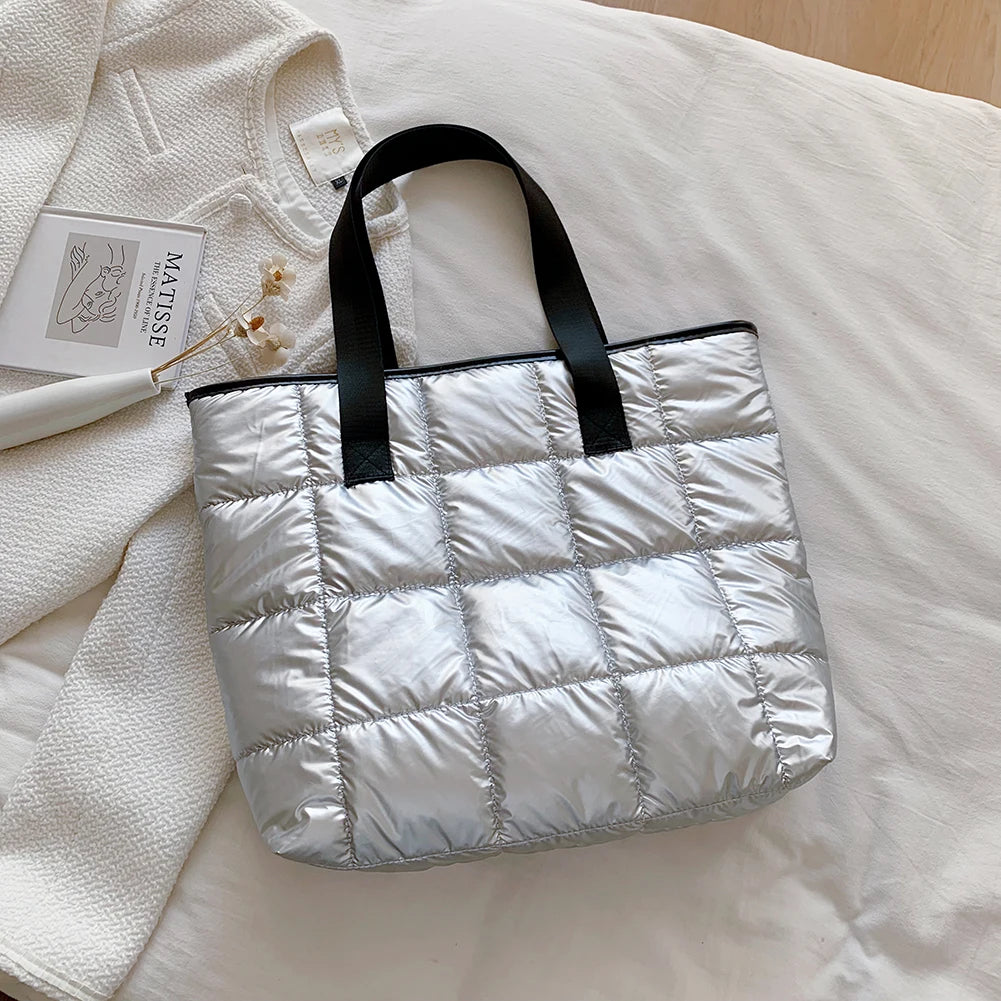 Winter Warm Quilted Shoulder Bag Large Capacity Solid Shopper Handbag