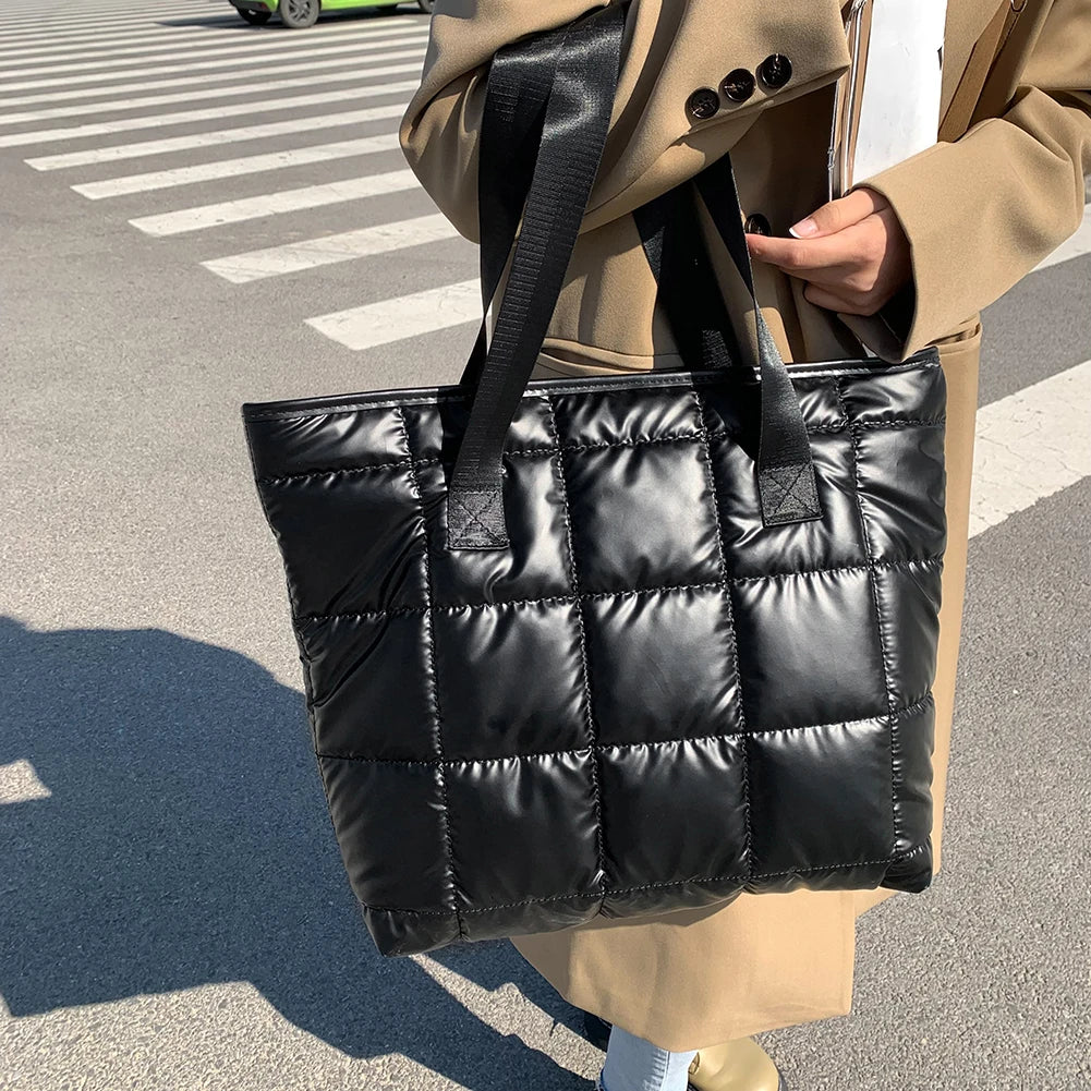 Winter Warm Quilted Shoulder Bag Large Capacity Solid Shopper Handbag
