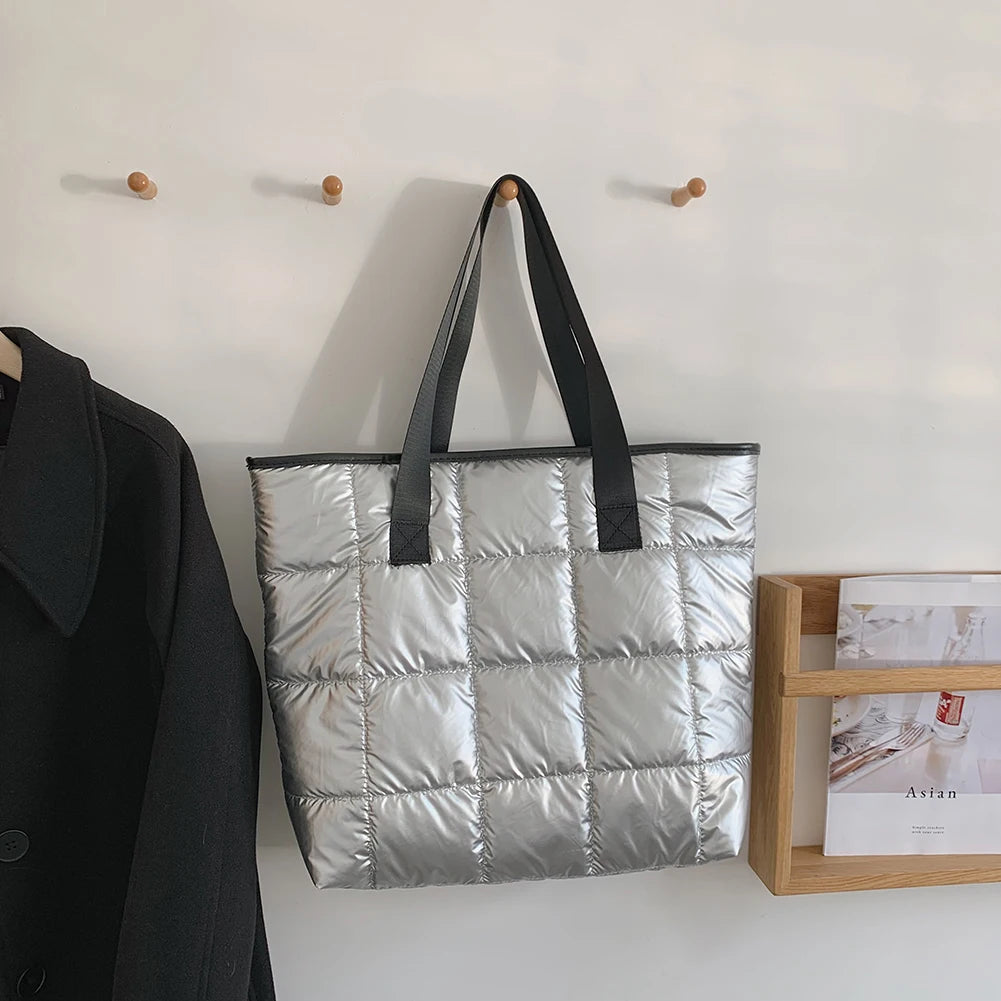 Winter Warm Quilted Shoulder Bag Large Capacity Solid Shopper Handbag