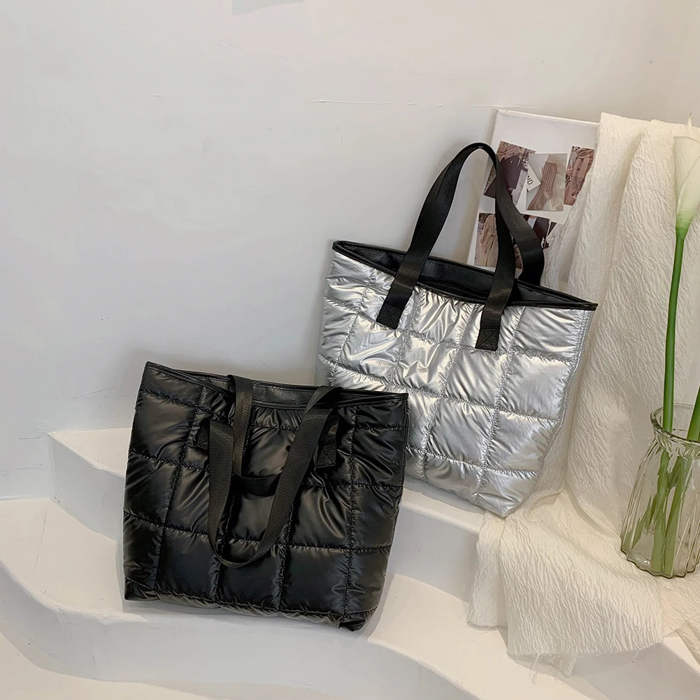 Winter Warm Quilted Shoulder Bag Large Capacity Solid Shopper Handbag