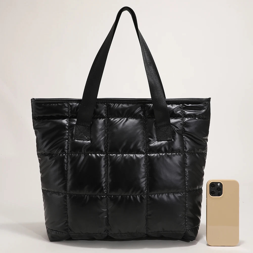 Winter Warm Quilted Shoulder Bag Large Capacity Solid Shopper Handbag