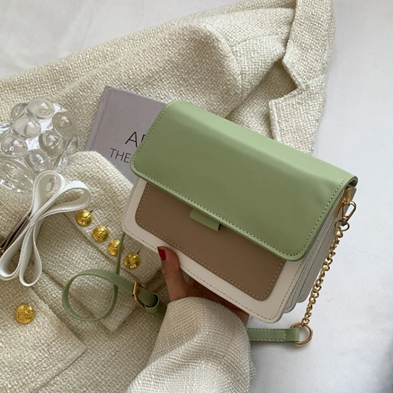 Spring Contrast Leather Shoulder Bag For Women PU Leather Crossbody Bag