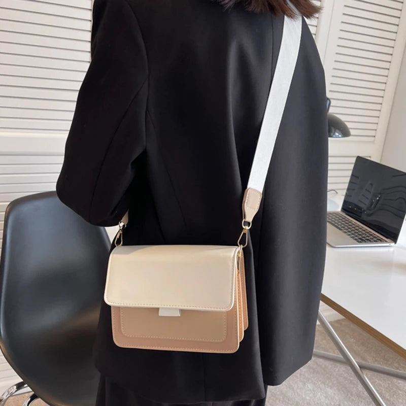 Spring Contrast Leather Shoulder Bag For Women PU Leather Crossbody Bag