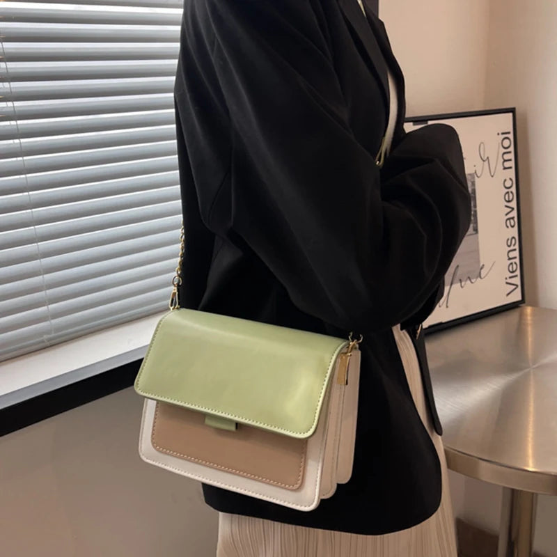 Spring Contrast Leather Shoulder Bag For Women PU Leather Crossbody Bag