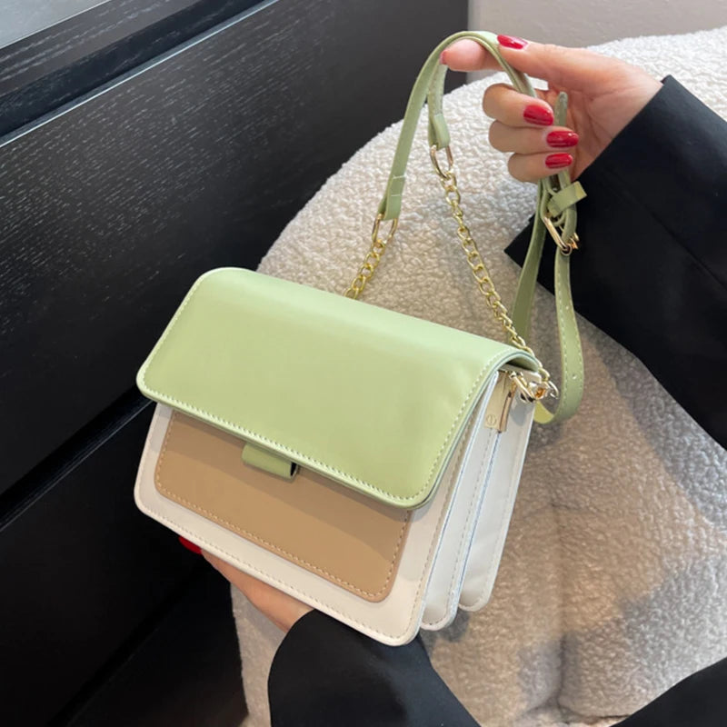 Spring Contrast Leather Shoulder Bag For Women PU Leather Crossbody Bag