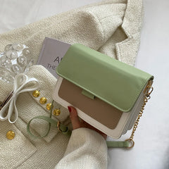 Spring Contrast Leather Shoulder Bag For Women PU Leather Crossbody Bag