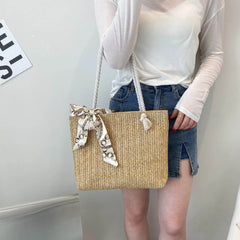 Straw Woven Shoulder Bag with Silk Scarf for Women