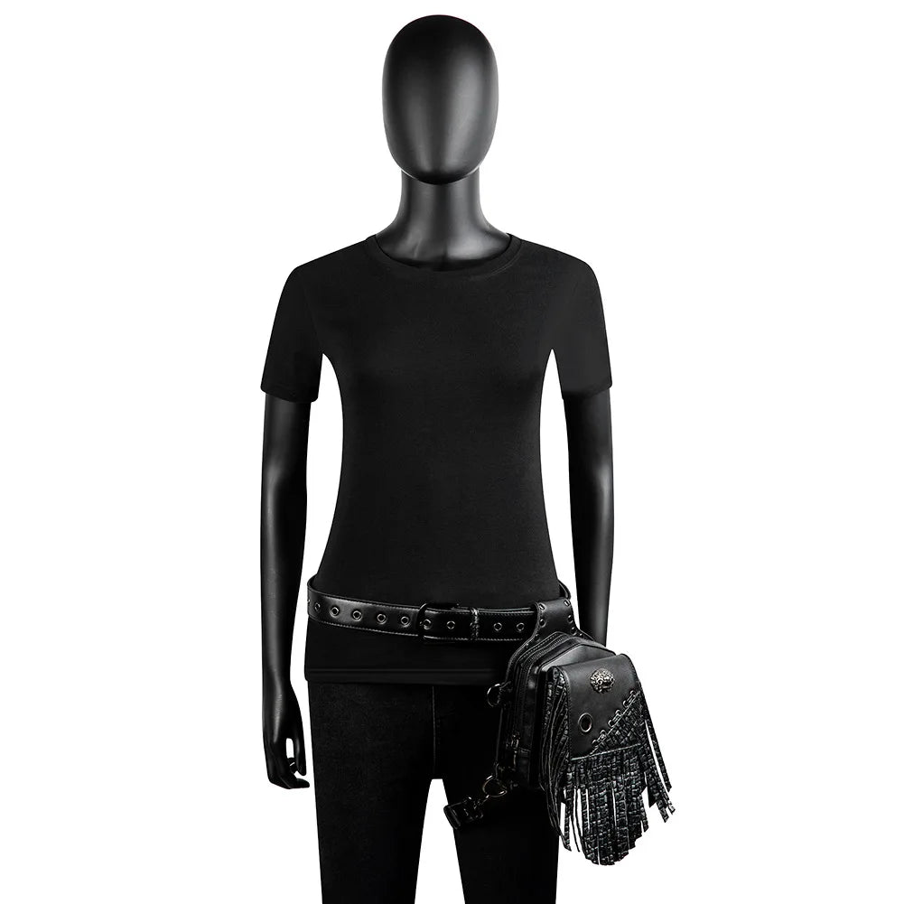 Steam Punk Men's Waist Bag PU Leather Tactical Bag Women's Tassel Fanny Pack