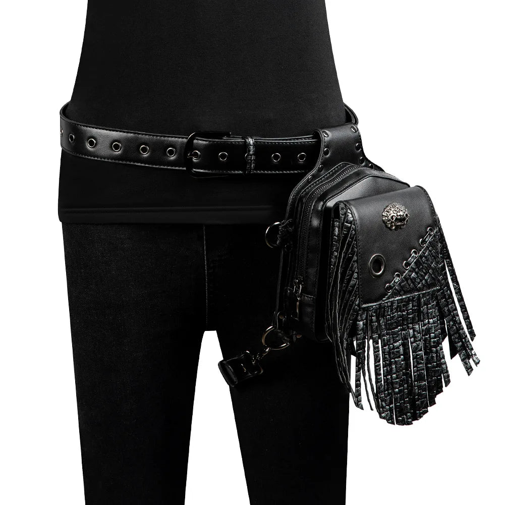 Steam Punk Men's Waist Bag PU Leather Tactical Bag Women's Tassel Fanny Pack