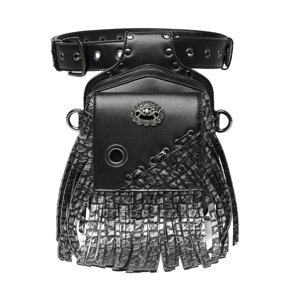 Steam Punk Men's Waist Bag PU Leather Tactical Bag Women's Tassel Fanny Pack