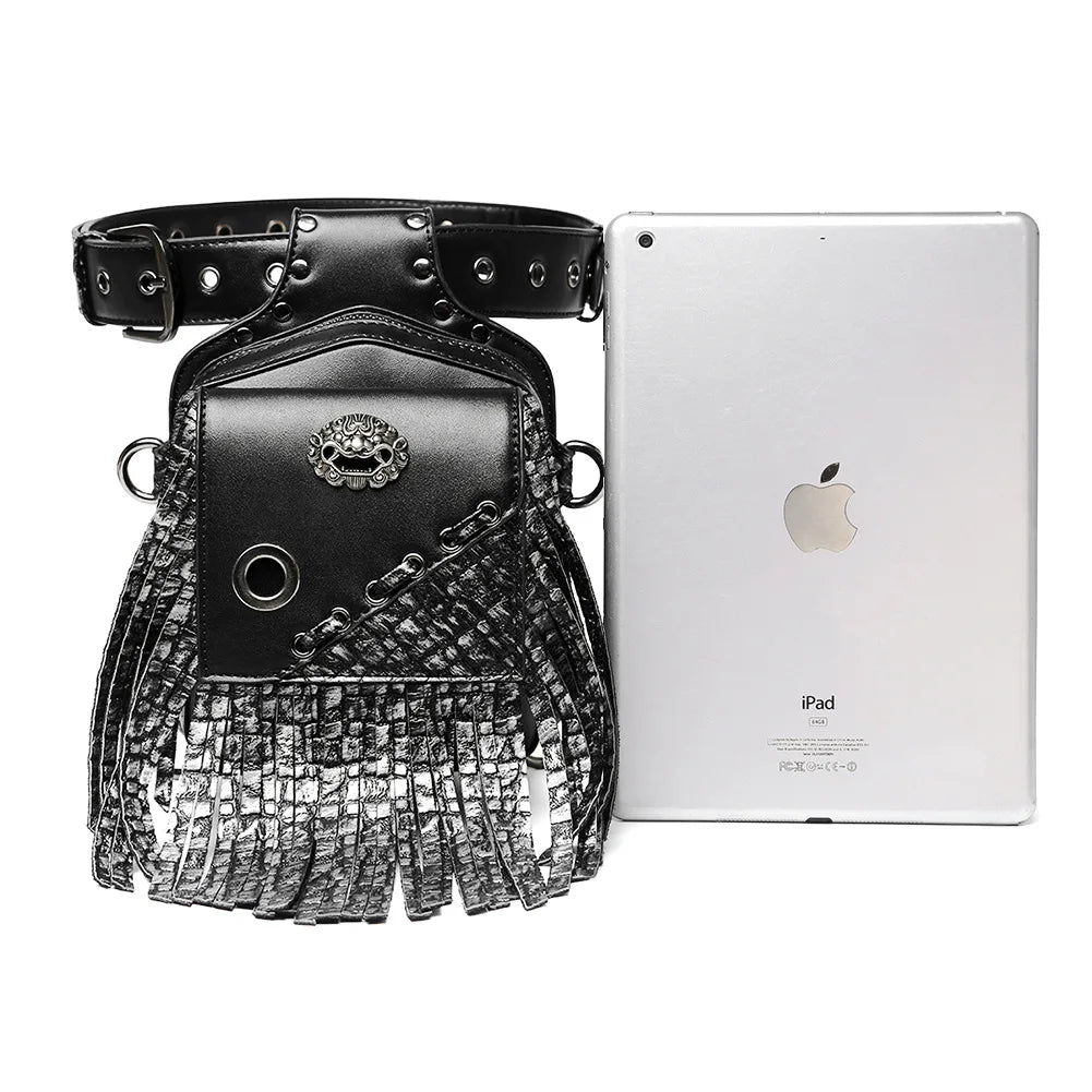 Steam Punk Men's Waist Bag PU Leather Tactical Bag Women's Tassel Fanny Pack