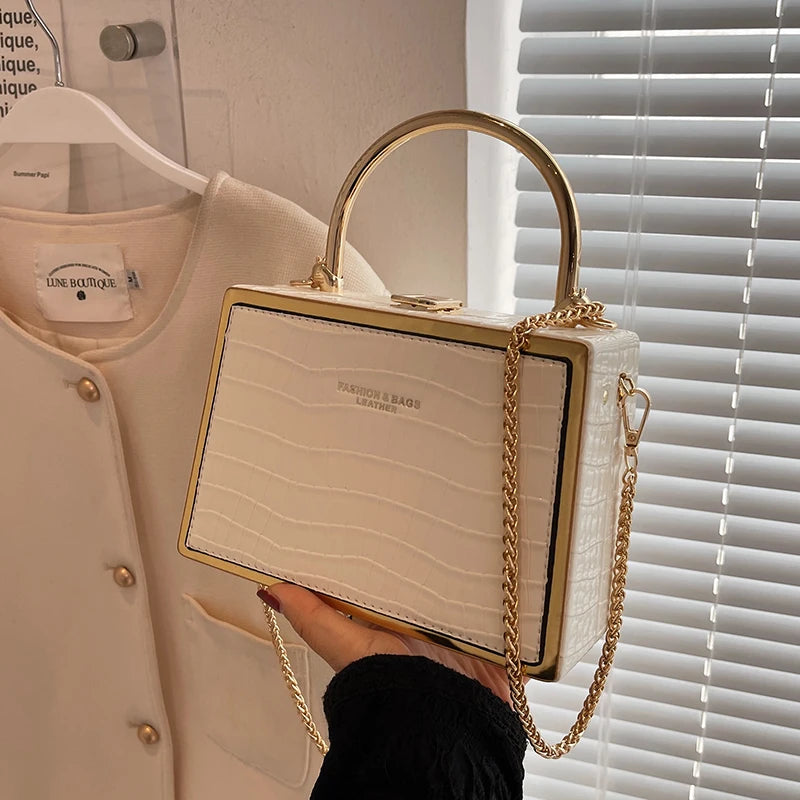 Stone Box Bags Metal Handle Women Handbag Shoulder Messenger Bag