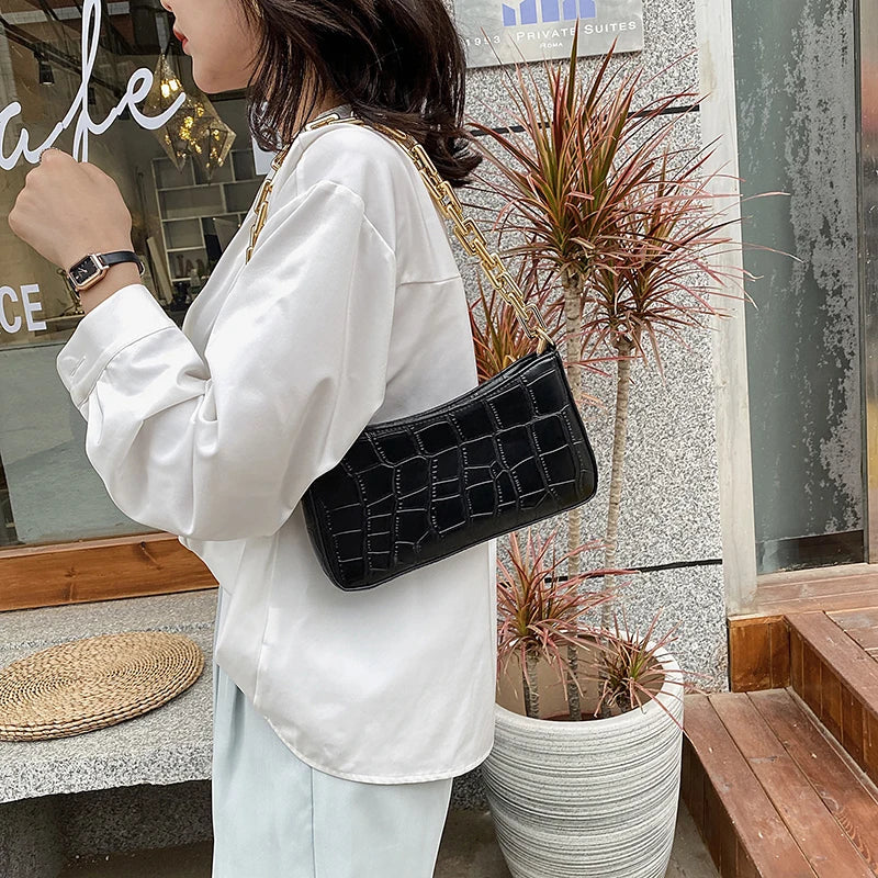 Stone Pattern PU Leather Armpit Bag Chain Shoulder Handbags