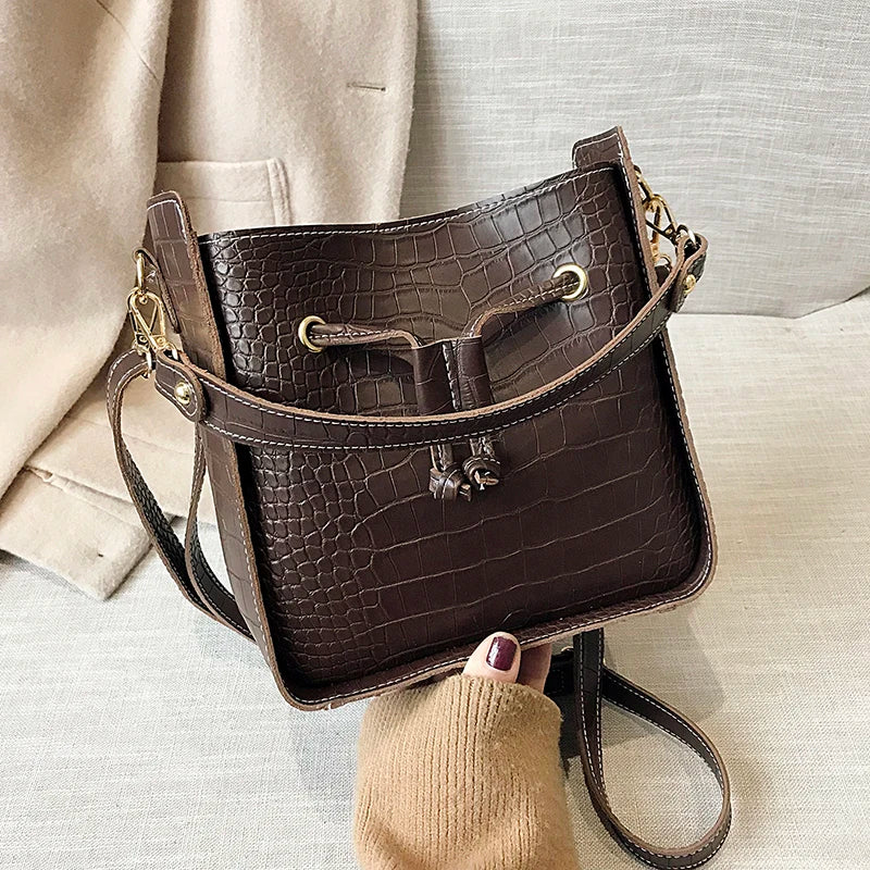 Stone Pattern PU Leather Bucket Bag Women Small Shoulder Messenger Handbag