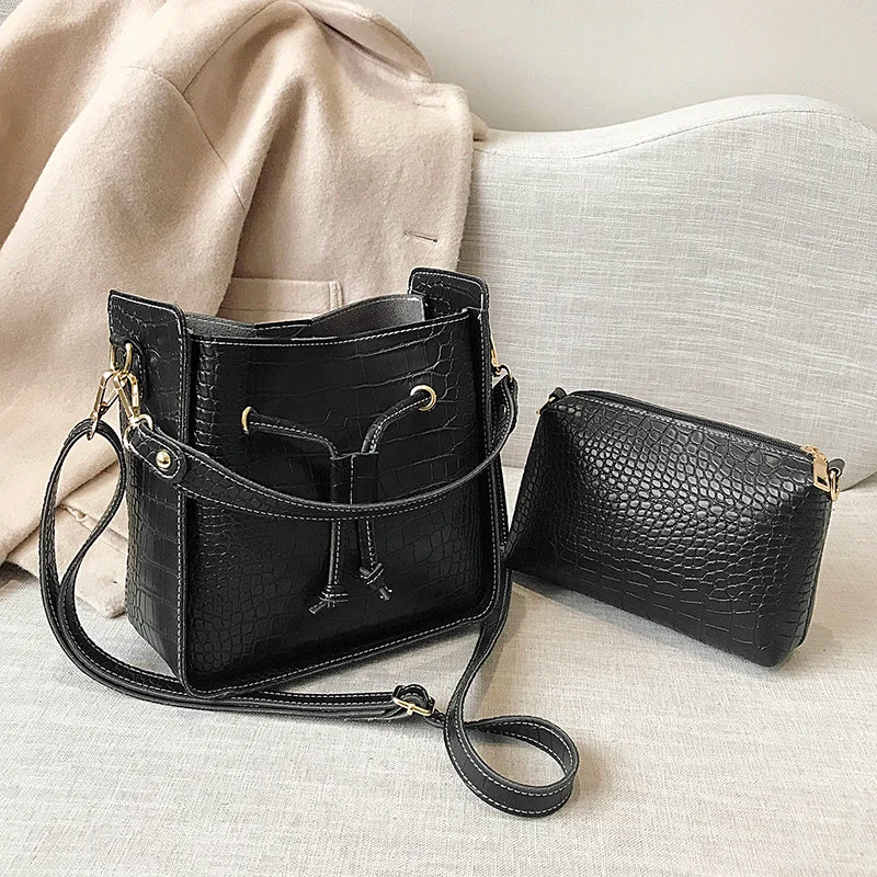 Stone Pattern PU Leather Bucket Bag Women Small Shoulder Messenger Handbag