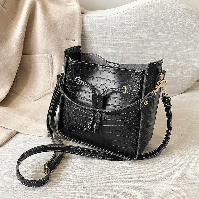Stone Pattern PU Leather Bucket Bag Women Small Shoulder Messenger Handbag