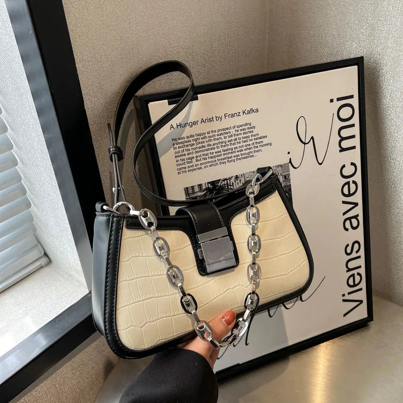 Stone Pattern Leather Shoulder Bags for Women with Chain Handbag and Purses