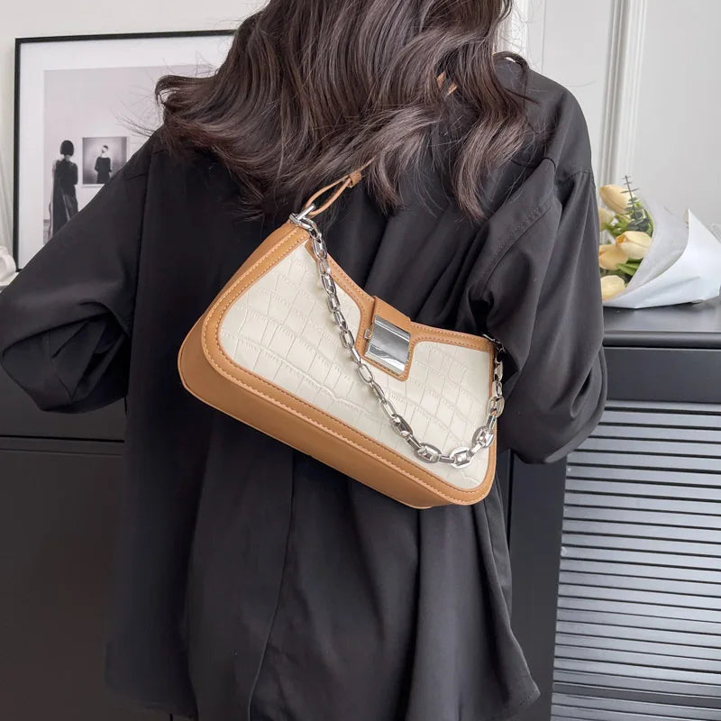 Stone Pattern Leather Shoulder Bags for Women with Chain Handbag and Purses