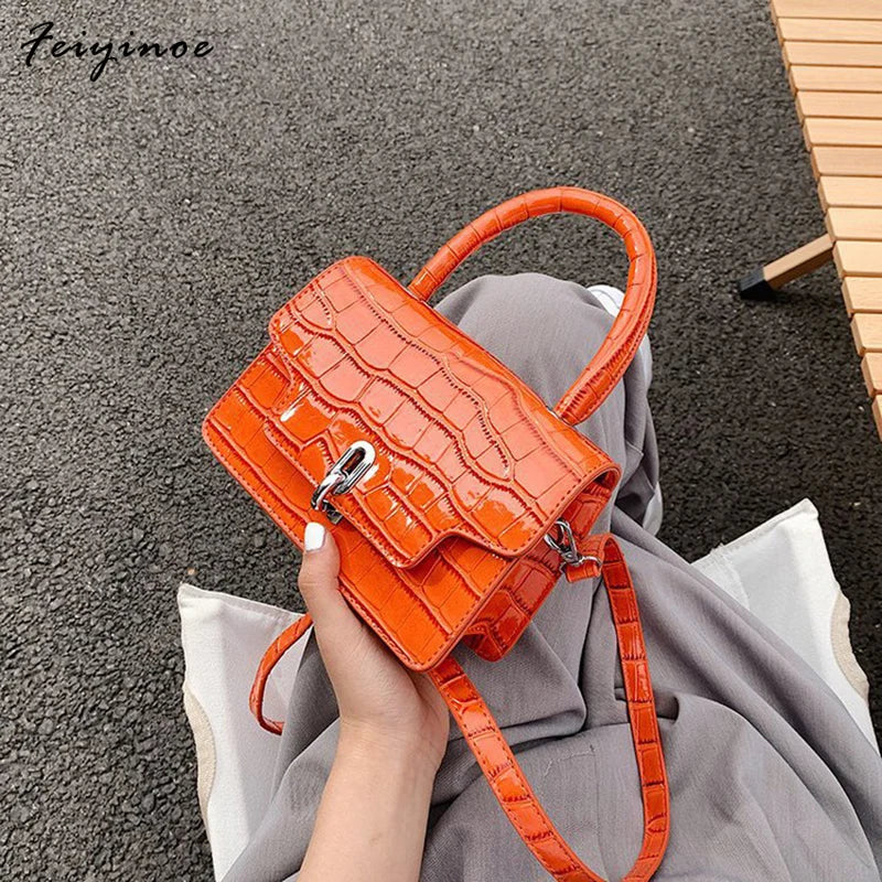 Stone Pattern Hourglass Handbag Button PU Leather Women Shoulder Bag Orange Mini