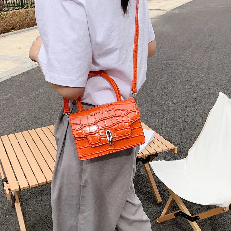 Stone Pattern Hourglass Handbag Button PU Leather Women Shoulder Bag Orange Mini