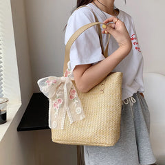 Woven Rattan Bag Lace Bow Straw Handbag