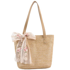 Woven Rattan Bag Lace Bow Straw Handbag
