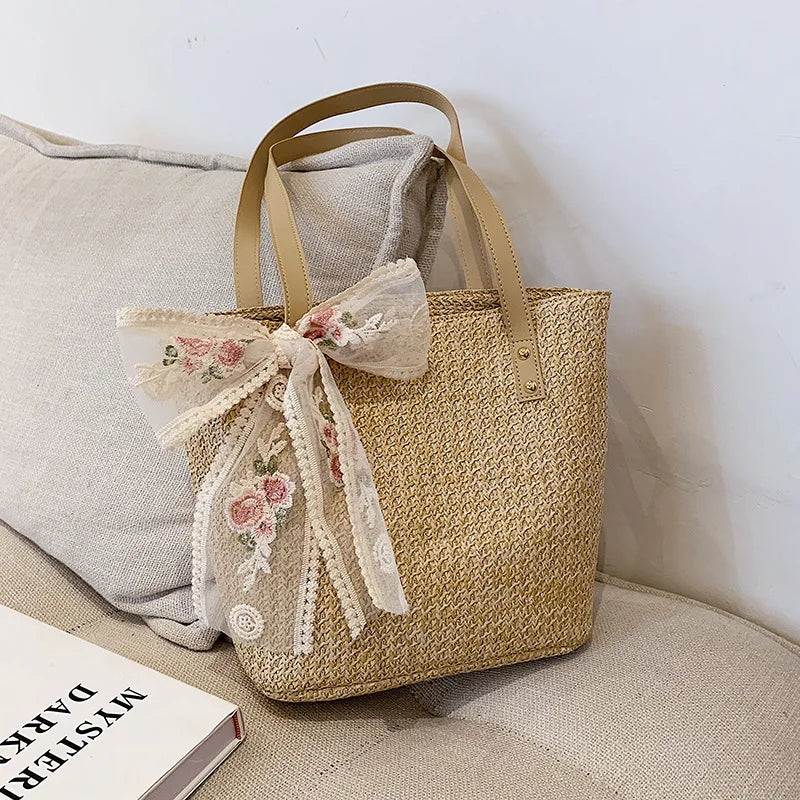 Woven Rattan Bag Lace Bow Straw Handbag