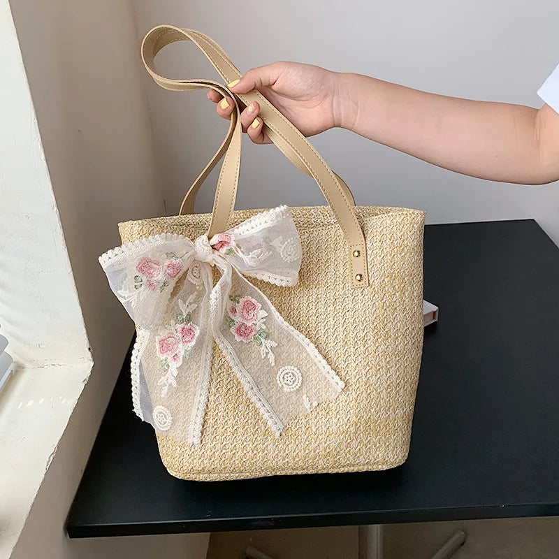Woven Rattan Bag Lace Bow Straw Handbag
