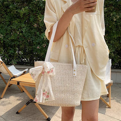 Woven Rattan Bag Lace Bow Straw Handbag