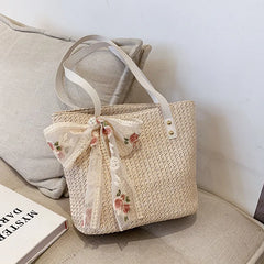Woven Rattan Bag Lace Bow Straw Handbag