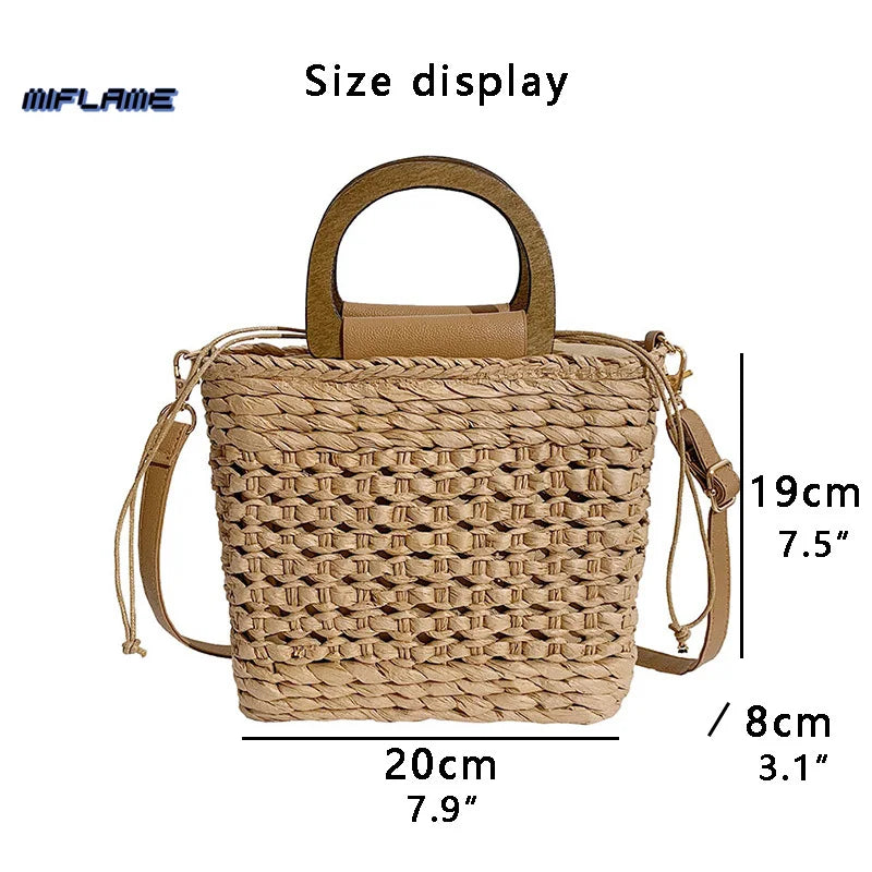 Straw Tote Bag with Wooden Handle for Beach