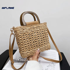Straw Tote Bag with Wooden Handle for Beach