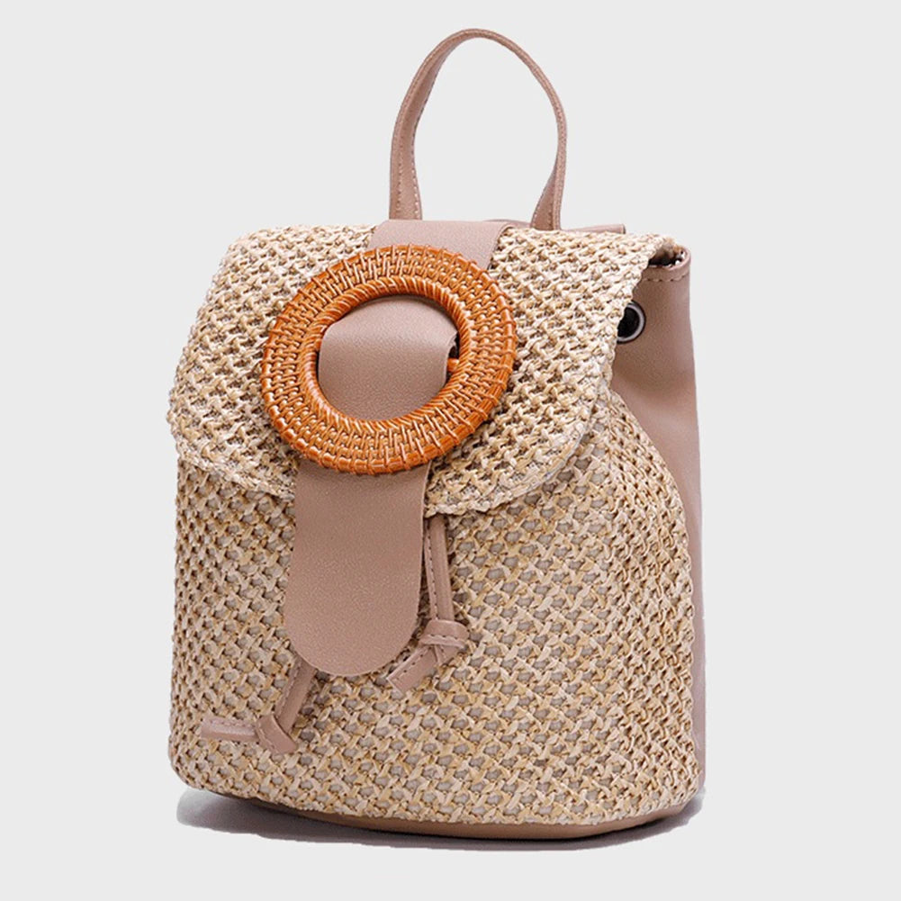 Straw Bucket Backpack Drawstring Travel Shoulder Schoolbags