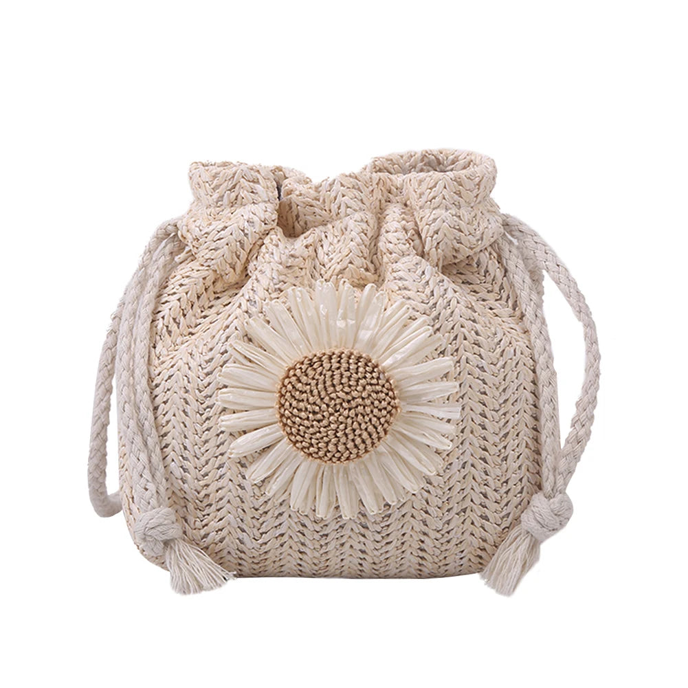 Straw Bucket Shoulder Bag for Women Flower Drawstring Rattan Woven Crossbody Pou