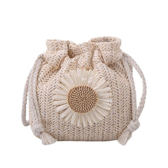 Straw Bucket Shoulder Bag for Women Flower Drawstring Rattan Woven Crossbody Pou