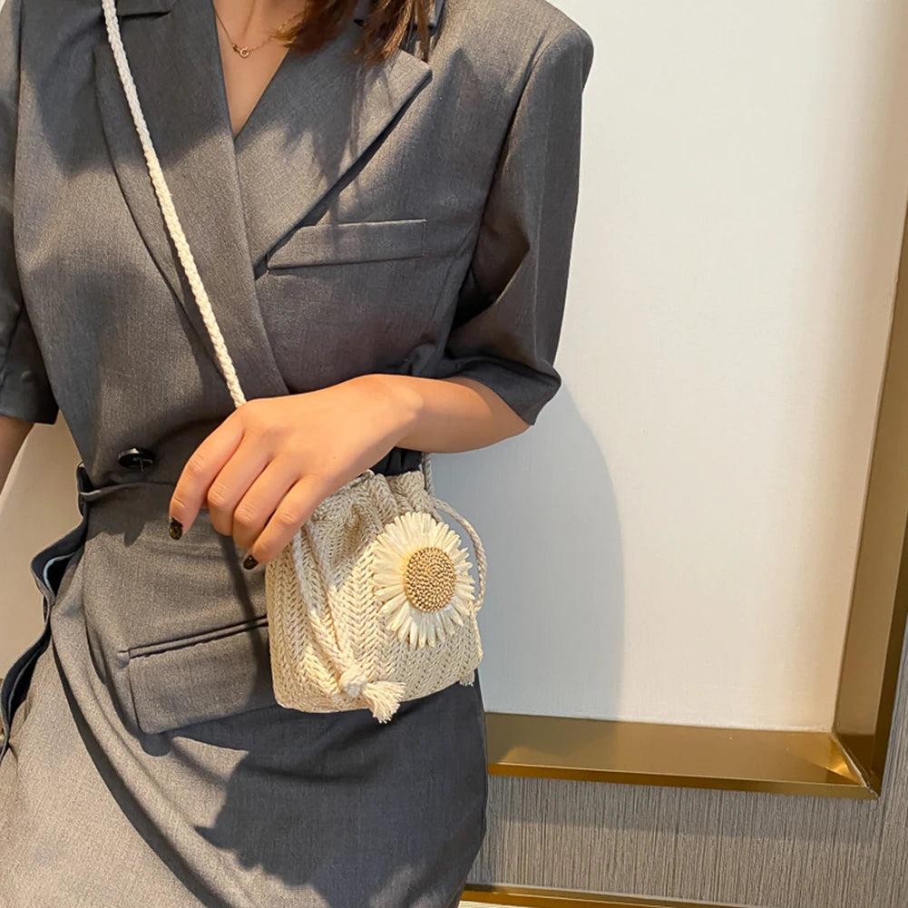 Straw Bucket Shoulder Bag for Women Flower Drawstring Rattan Woven Crossbody Pou
