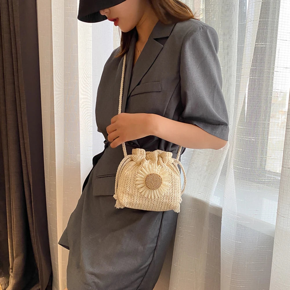 Straw Bucket Shoulder Bag for Women Flower Drawstring Rattan Woven Crossbody Pou