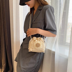 Straw Bucket Shoulder Bag for Women Flower Drawstring Rattan Woven Crossbody Pou