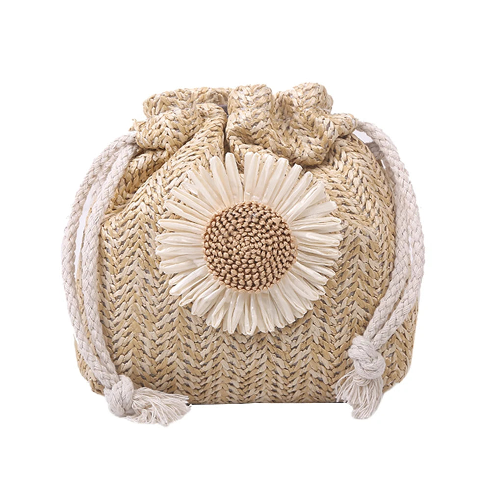 Straw Bucket Shoulder Bag for Women Flower Drawstring Rattan Woven Crossbody Pou