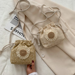 Straw Bucket Shoulder Bag for Women Flower Drawstring Rattan Woven Crossbody Pou