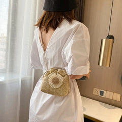 Straw Bucket Shoulder Bag for Women Flower Drawstring Rattan Woven Crossbody Pou