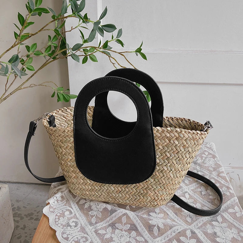 Straw Beach Bag Vintage Woven Shoulder Tote Vacation Casual Bucket Bag