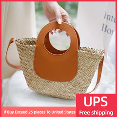 Straw Beach Bag Vintage Woven Shoulder Tote Vacation Casual Bucket Bag