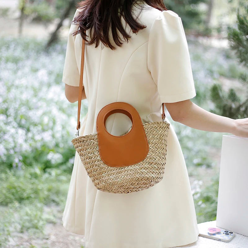 Straw Beach Bag Vintage Woven Shoulder Tote Vacation Casual Bucket Bag