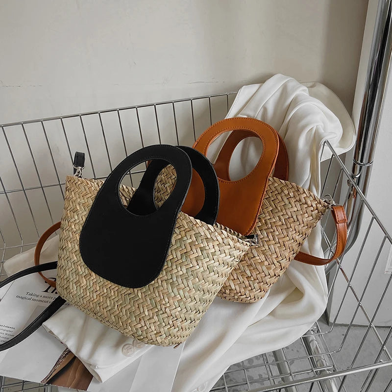 Straw Beach Bag Vintage Woven Shoulder Tote Vacation Casual Bucket Bag