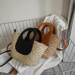 Straw Beach Bag Vintage Woven Shoulder Tote Vacation Casual Bucket Bag