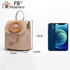 Straw Weave Bucket Backpack Summer Beach Female Daypack